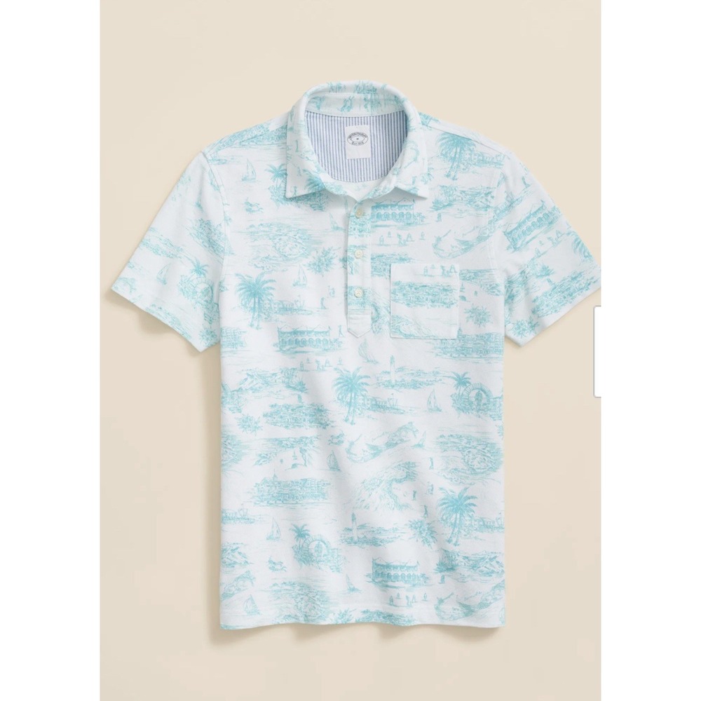 Brooks Brothers Mens Bermuda Toile Print Polo Shirt White Teal Large NWT